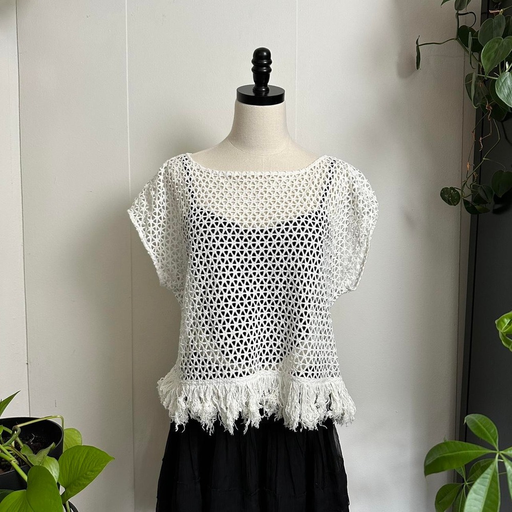 Banana Republic White Crochet Fringe Short Sleeve Top Petite Large Cotton Boho